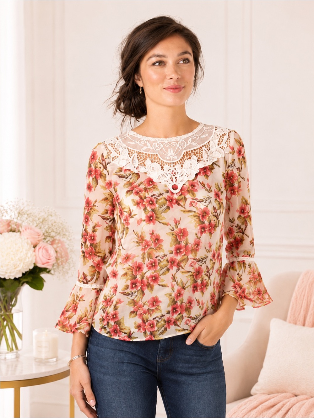 Disney Snow White LC Lauren Conrad Pink Floral Lace Peasant Blouse Boho NWT S XL - Picture 2 of 9